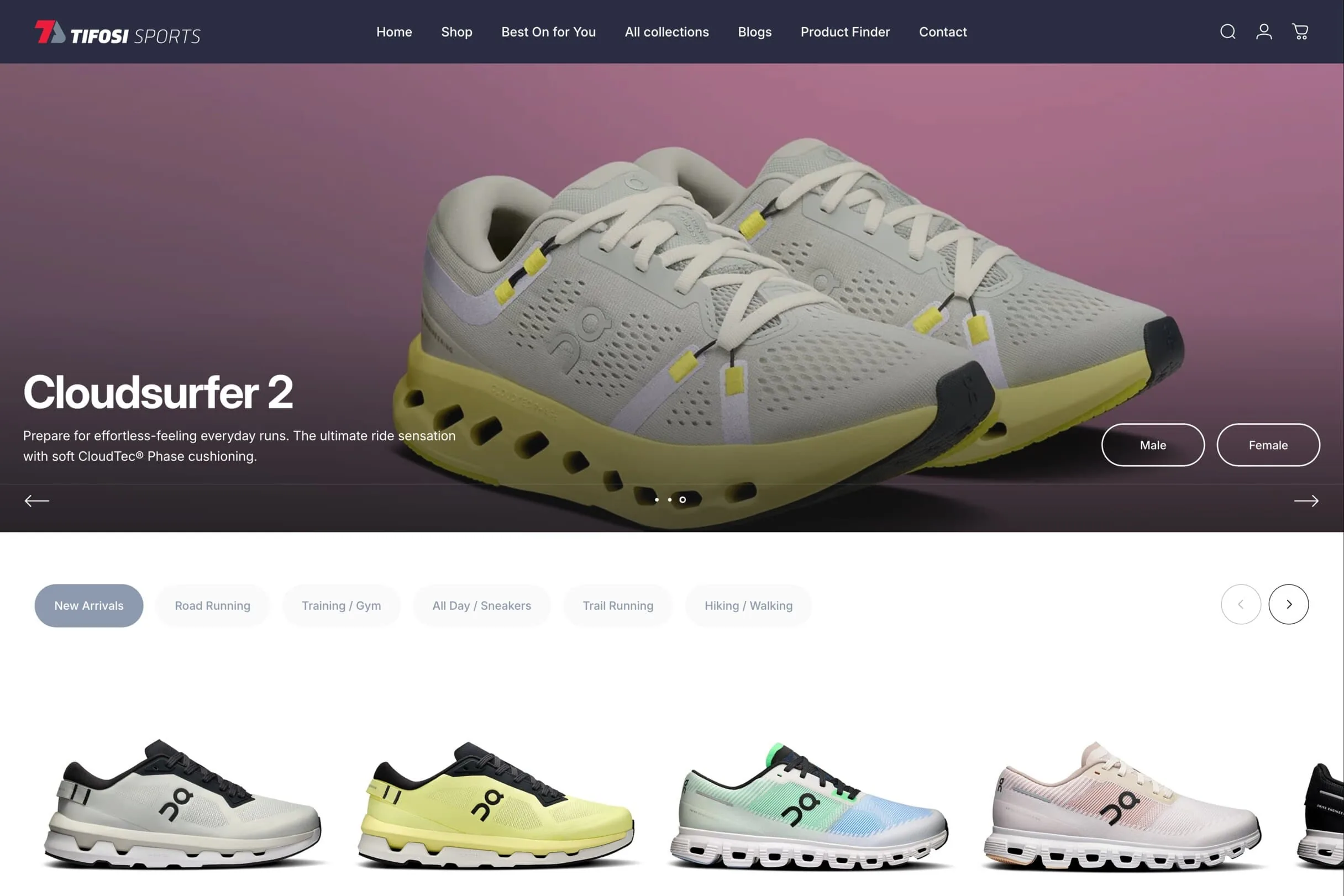 Tifosi Sports ecommerce homepage, showing the identity carried into the customer-facing store