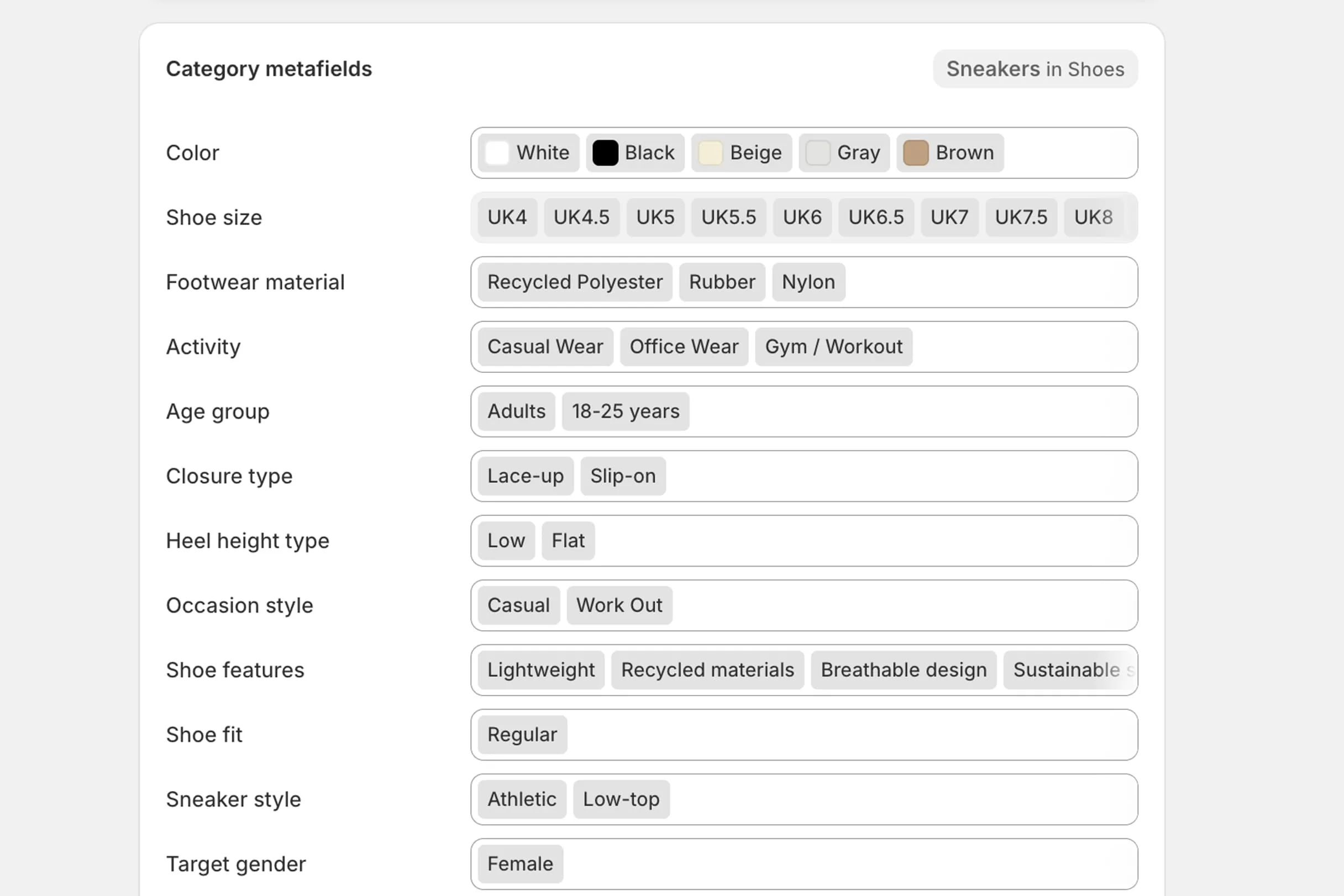 Shopify category metafields used to structure product information for the Tifosi catalogue