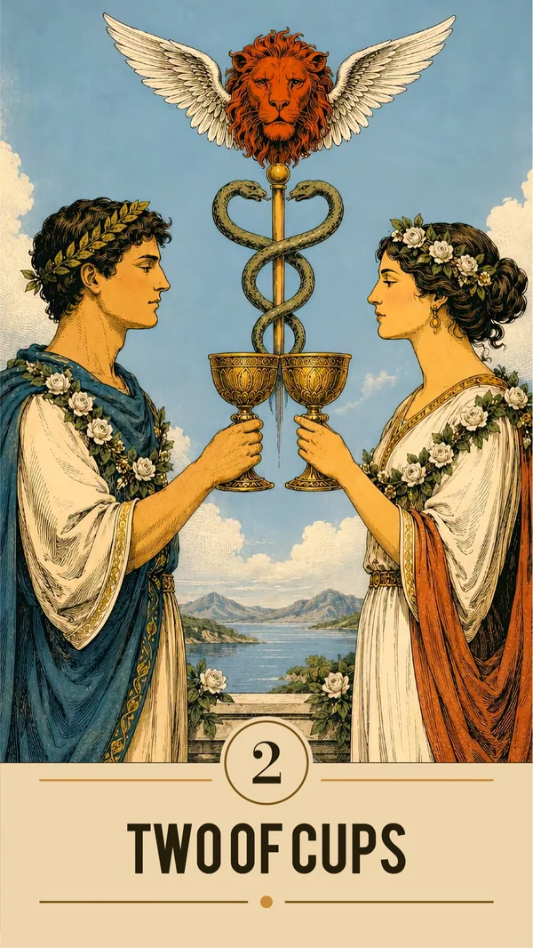 Arcanova Two of Cups card: two people exchange golden cups beneath a winged lion