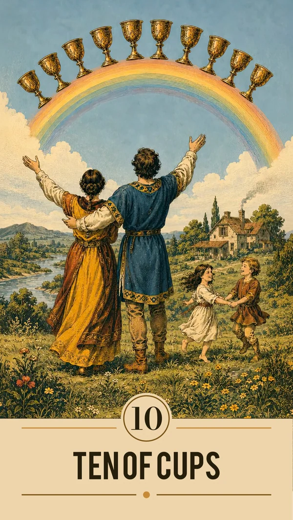 Arcanova Ten of Cups card: a family beneath a rainbow of ten cups