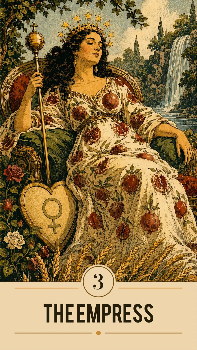 Arcanova The Empress card: a crowned figure in a floral robe seated in a lush garden