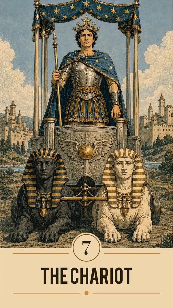 Arcanova The Chariot card: an armoured figure in a chariot above black and white sphinxes