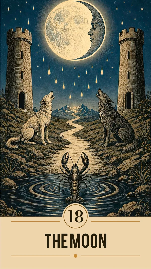 Arcanova The Moon card: a moonlit path between two towers with two canines and a crayfish