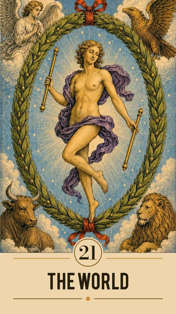 Arcanova The World card: a figure within a laurel wreath surrounded by four symbolic creatures