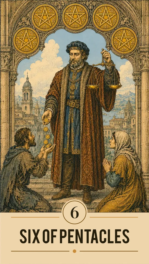 Arcanova Six of Pentacles card: a robed figure gives coins to two kneeling people