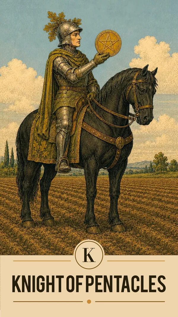 Arcanova Knight of Pentacles card: an armoured rider holds a pentacle while seated on a dark horse