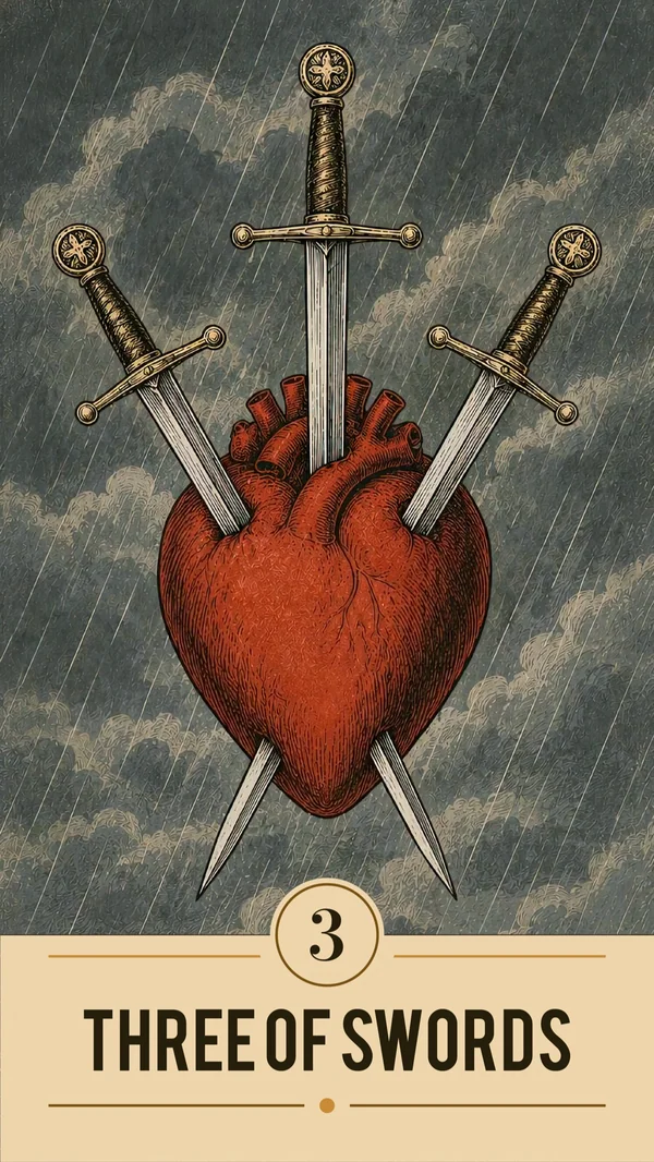 Arcanova Three of Swords card: a red heart pierced by three swords in rain