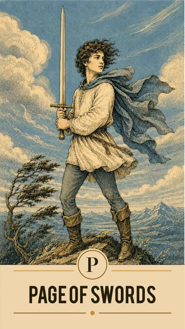 Arcanova Page of Swords card: a young figure holds a sword on a windswept hill