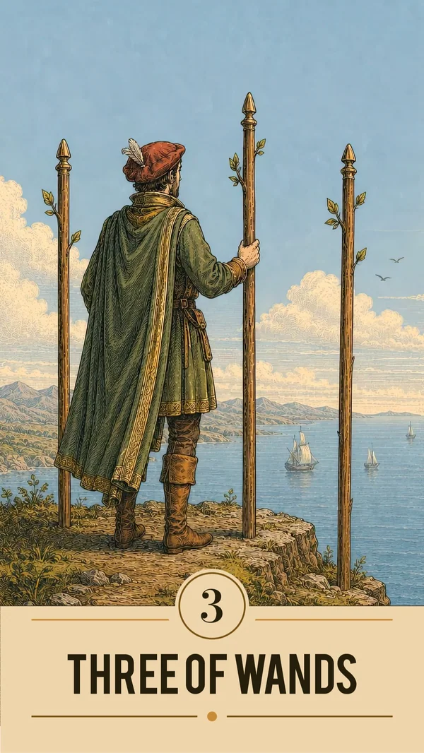 Arcanova Three of Wands card: a cloaked figure stands with three staffs overlooking the sea