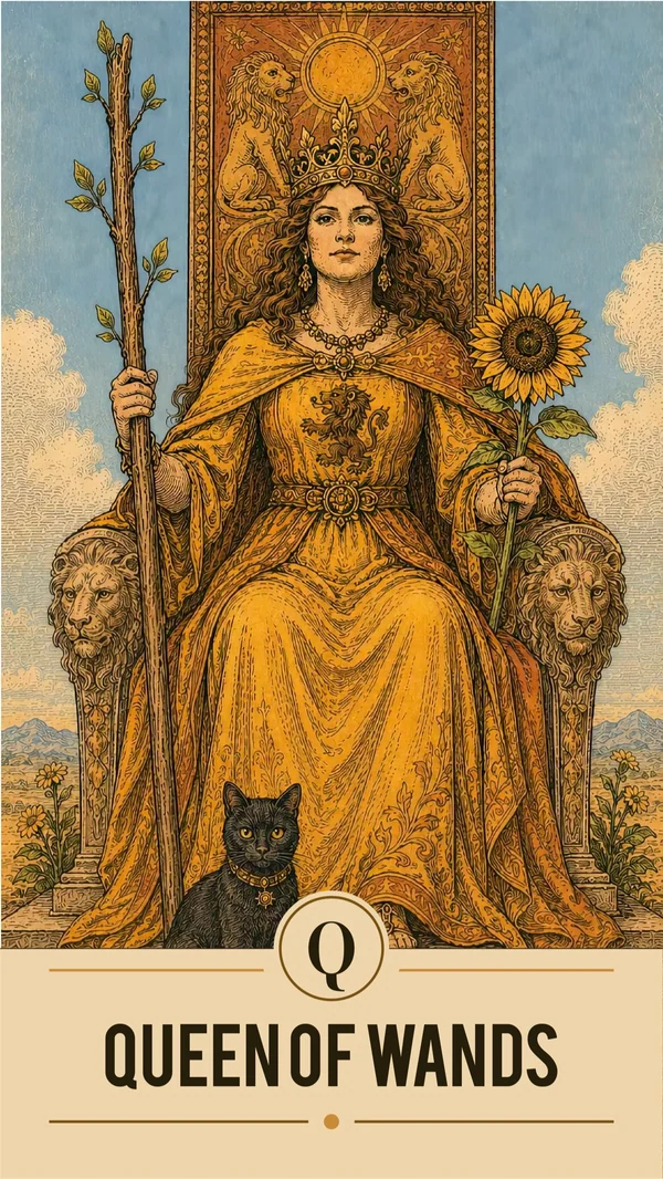 Arcanova Queen of Wands card: a crowned woman holds a sunflower and wand on a golden throne