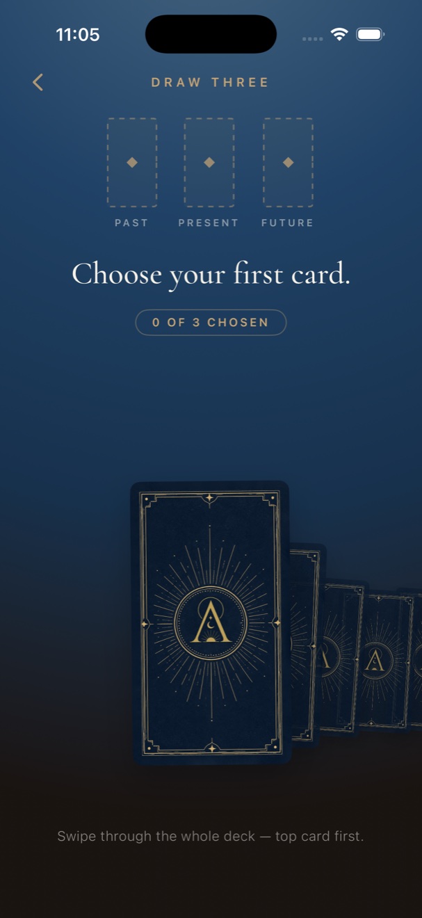 Arcanova interface asking the user to choose the first card from a fanned deck