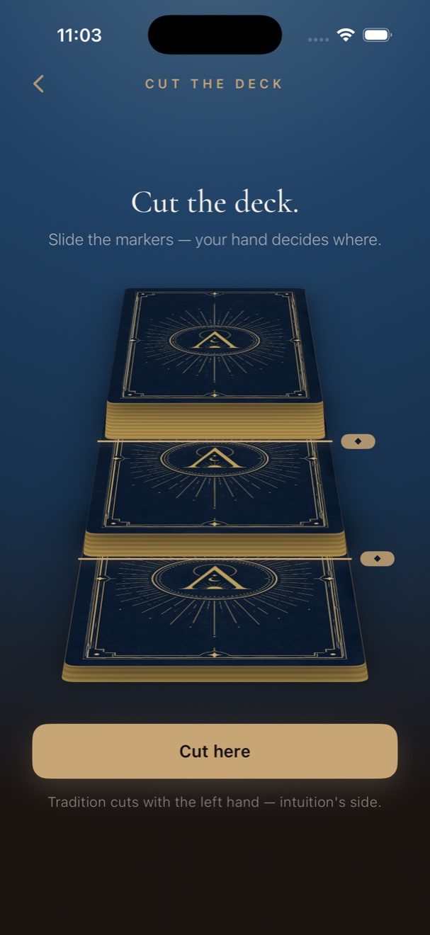 Arcanova Tarot iPhone interface for cutting a digital deck with two draggable markers