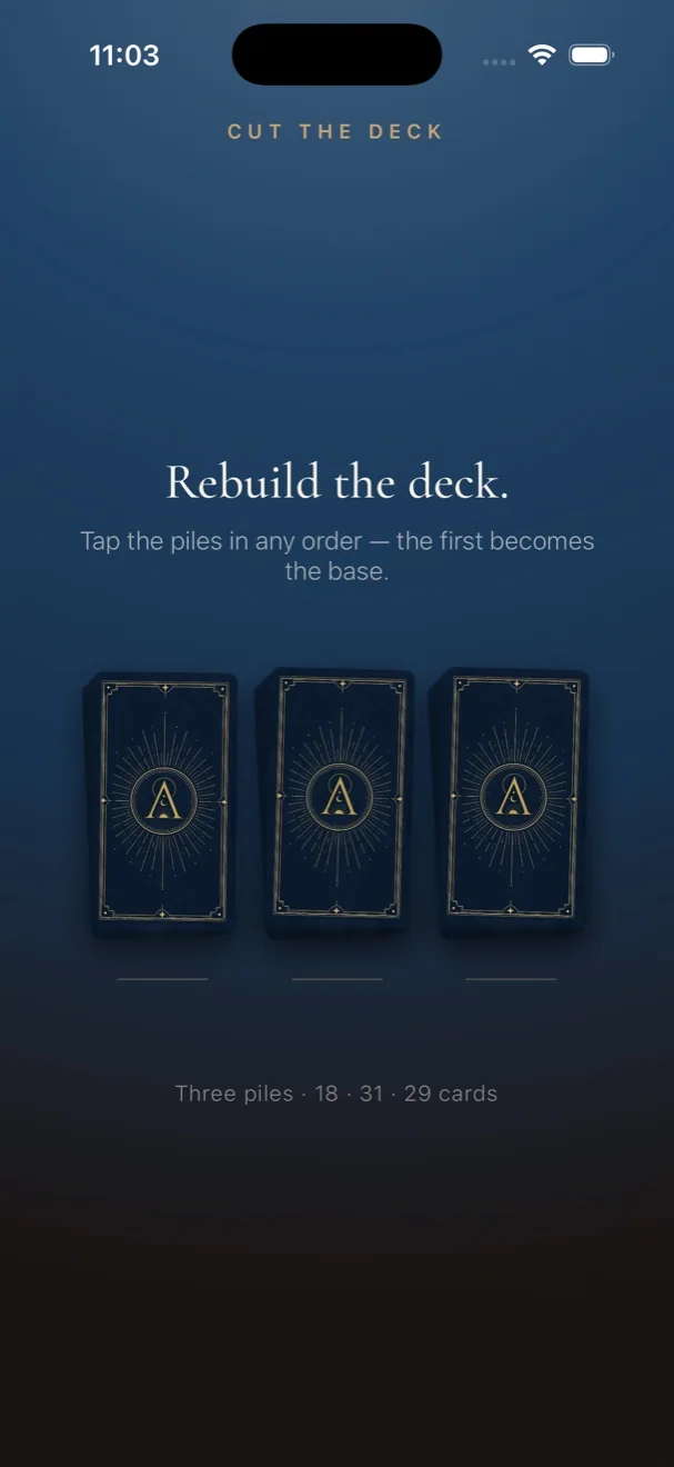 Arcanova iPhone screen with three face-down piles ready to be restacked