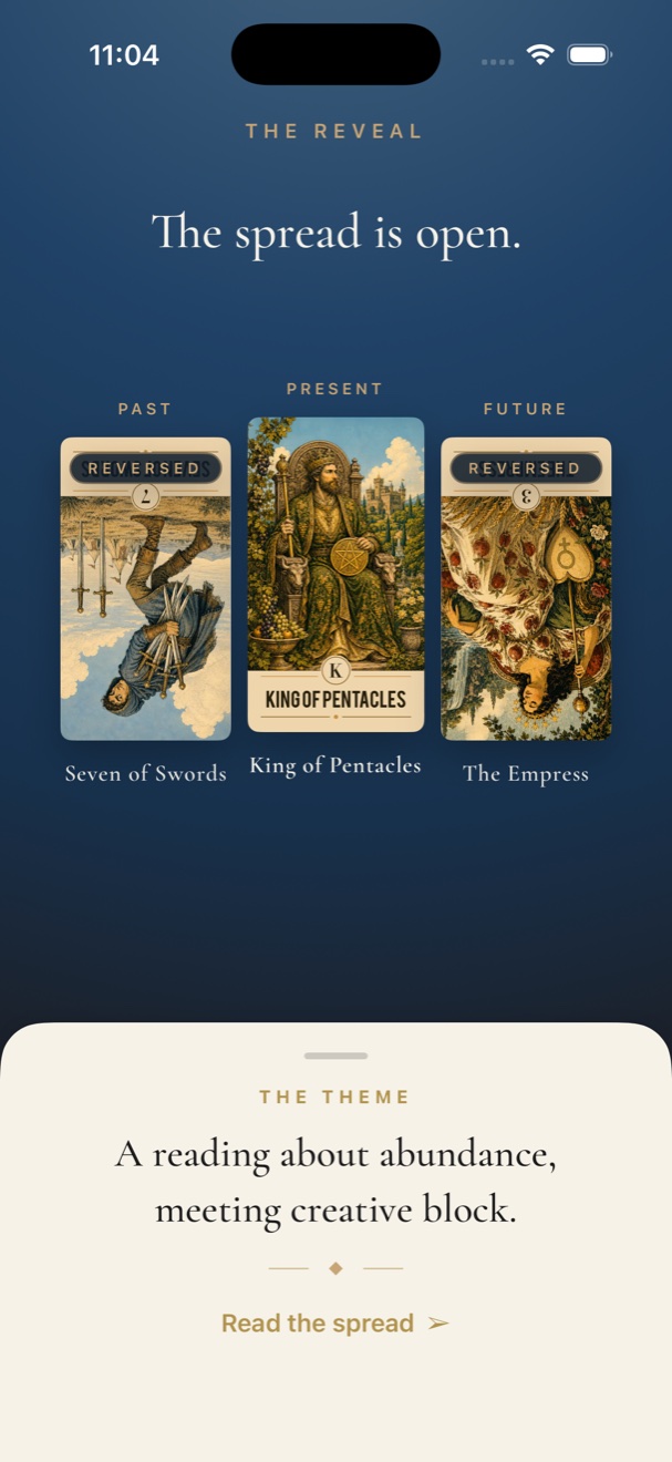 Arcanova Tarot iPhone three-card reveal with Past, Present and Future positions