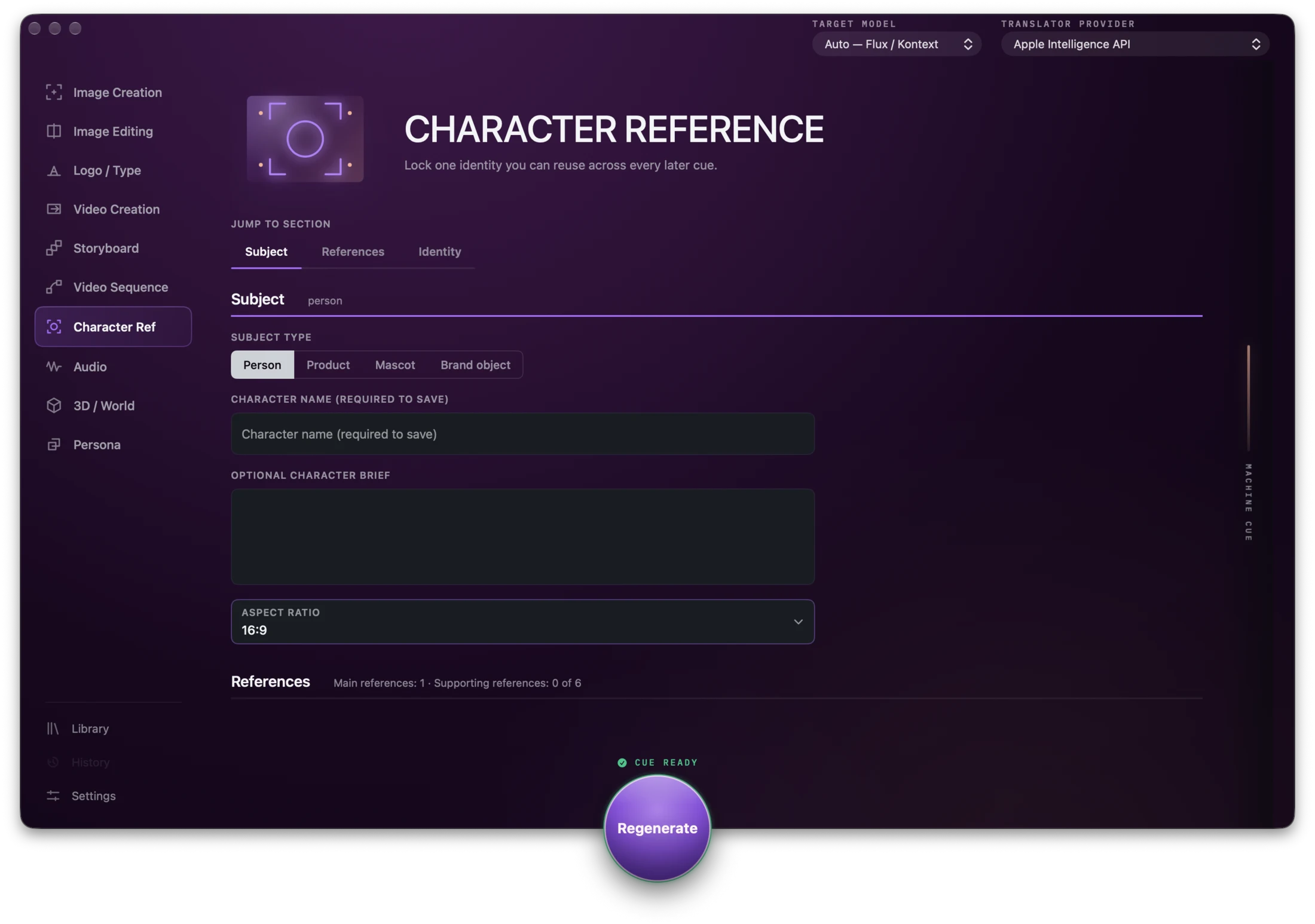 CueWright macOS interface showing the Character Reference workflow and its model-specific controls