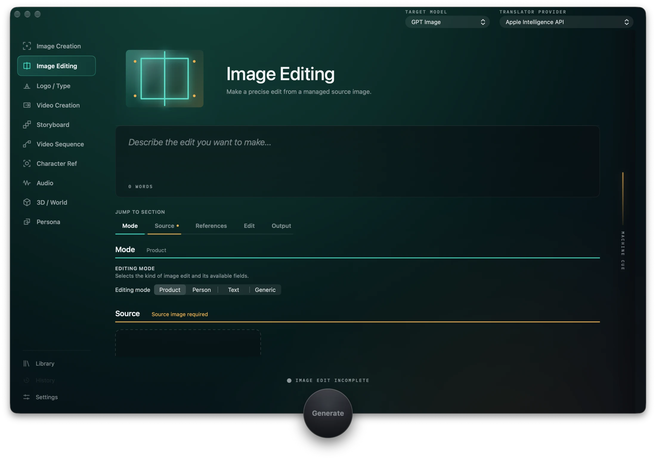 CueWright Image Editing workflow with product, person, text and generic edit modes