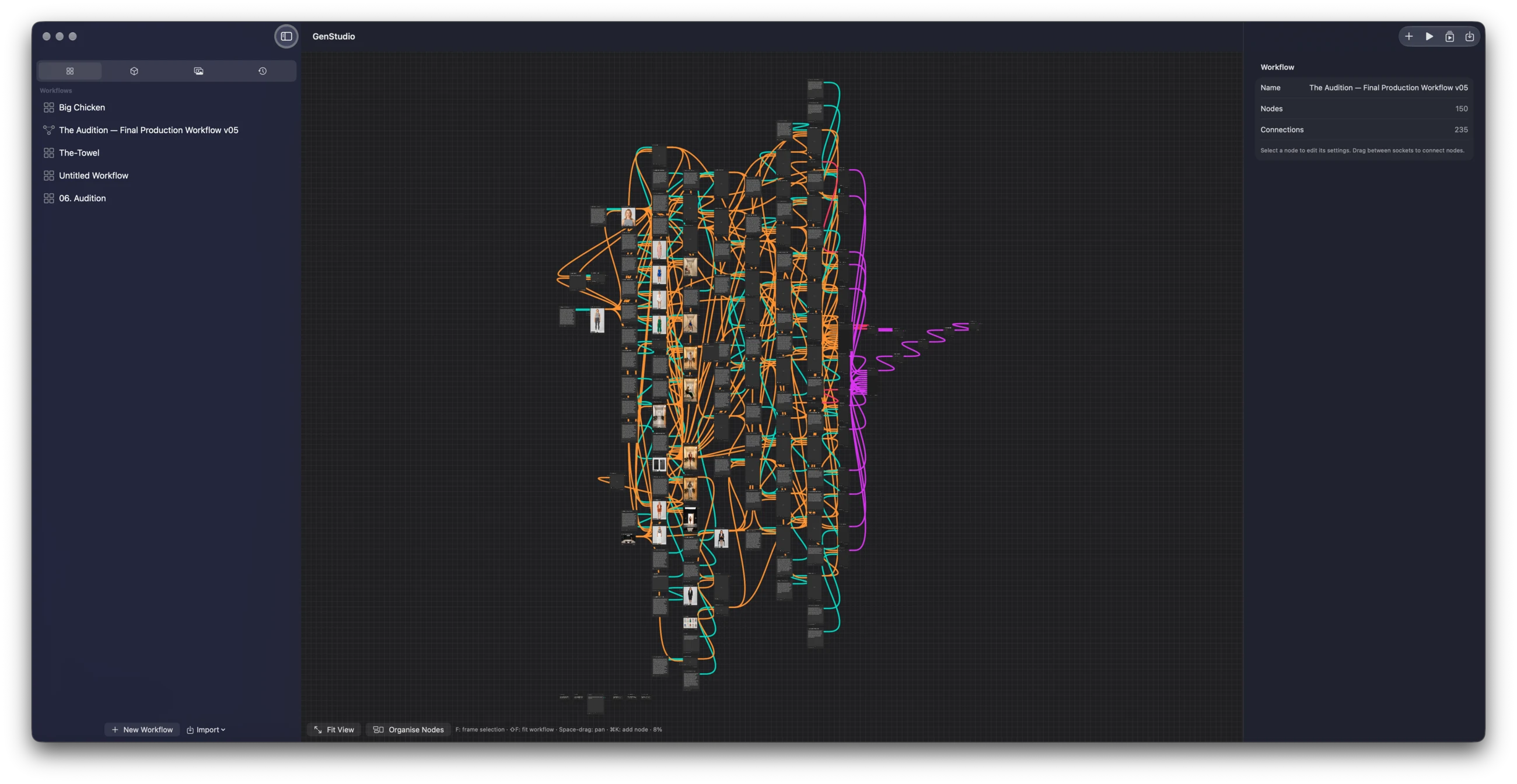 GenStudio fitted canvas showing the 150-node Audition production workflow