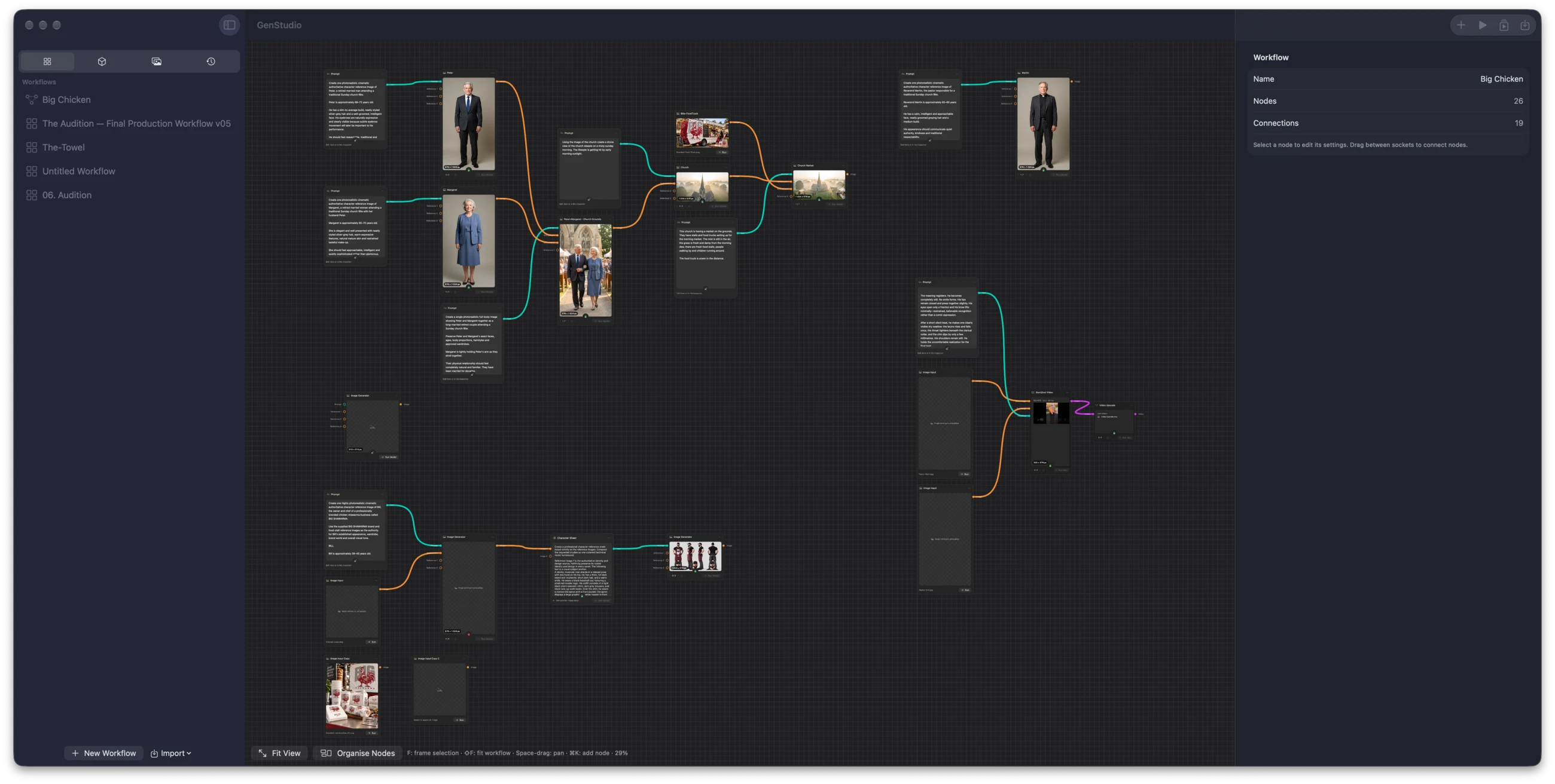 GenStudio canvas showing a 26-node local visual workflow named Big Chicken