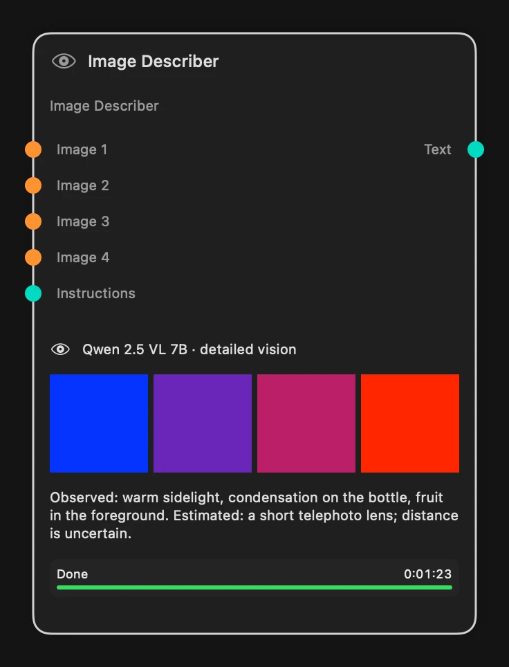 GenStudio image description node with model, prompt and output controls