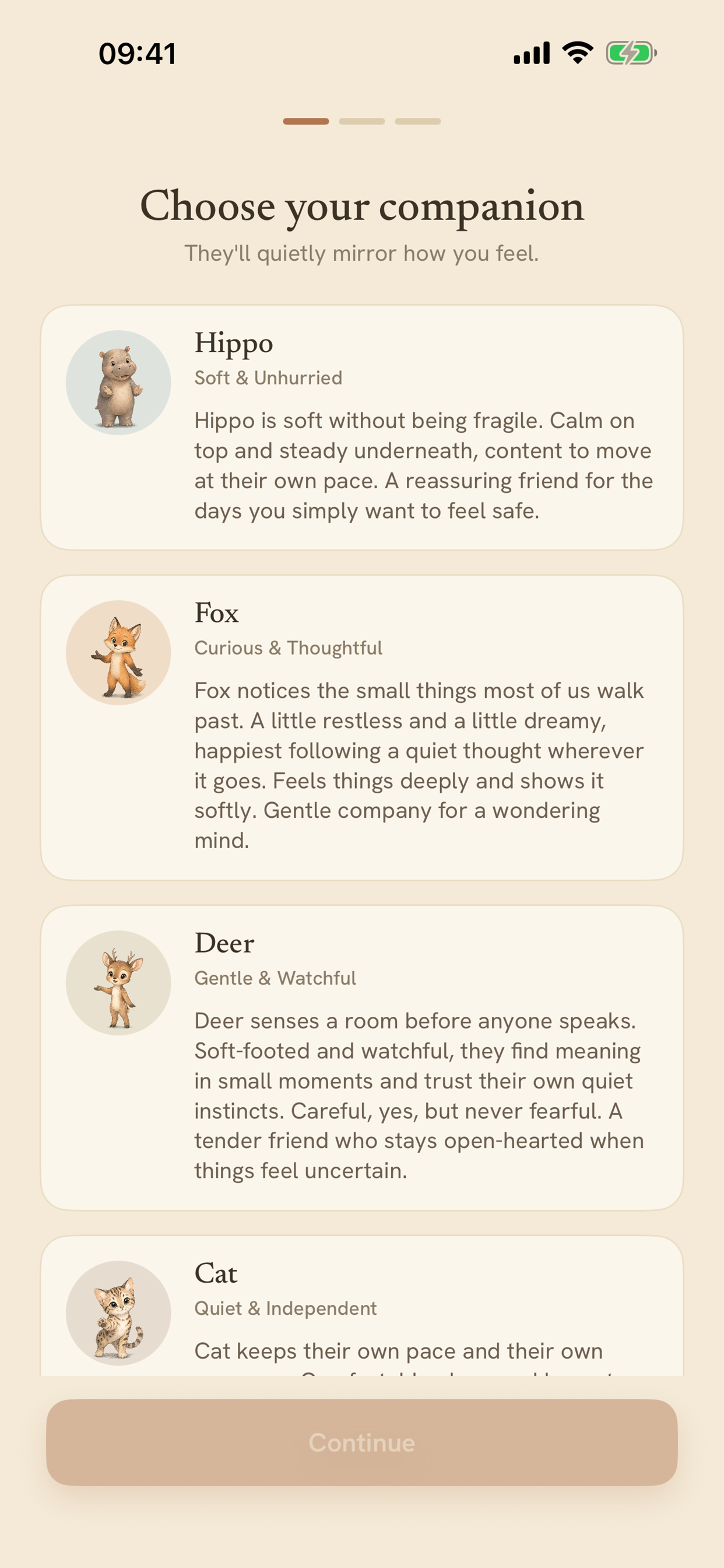 Little Window companion picker with animal characters and short personality descriptions