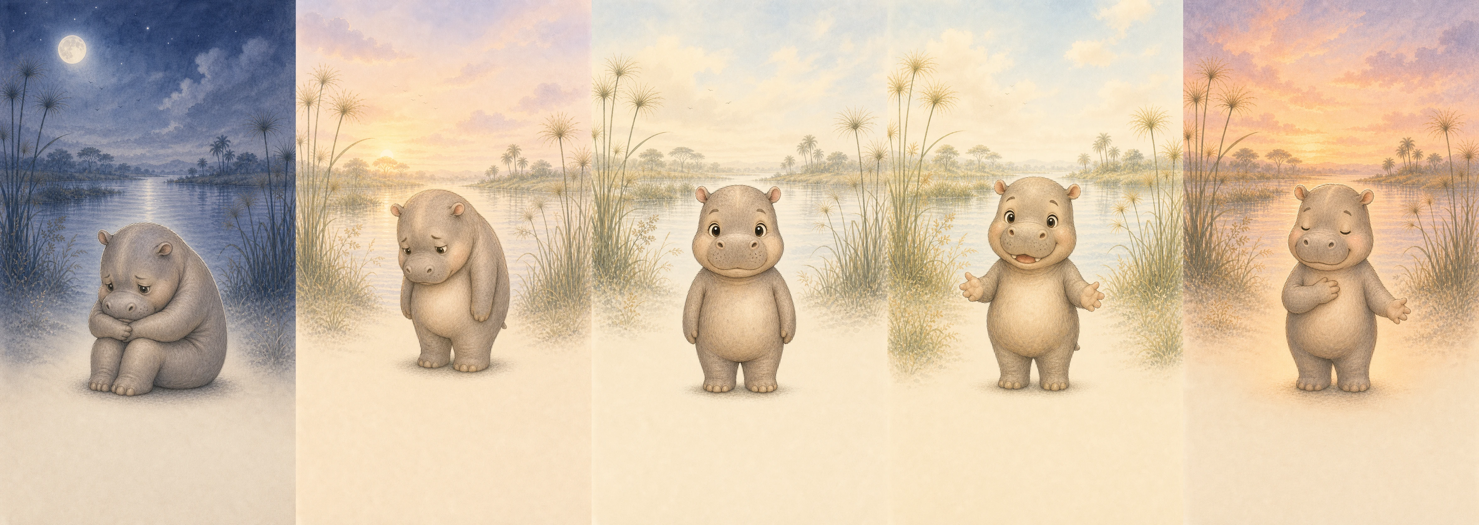 Five consistent hippo scenes progressing from Heavy through Low, Okay and Positive to Light