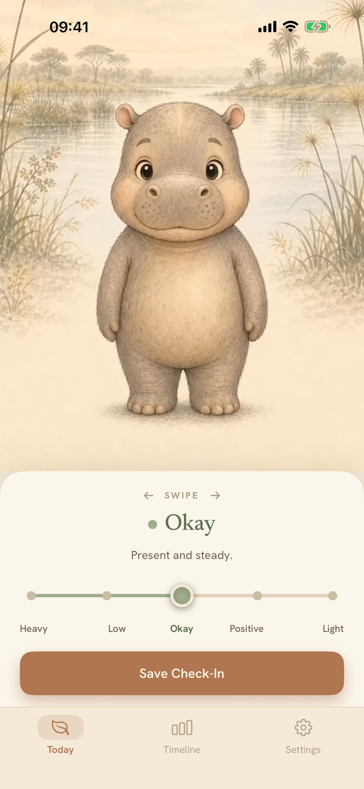 Little Window iPhone Today screen with a hippo companion and five-state emotional check-in slider