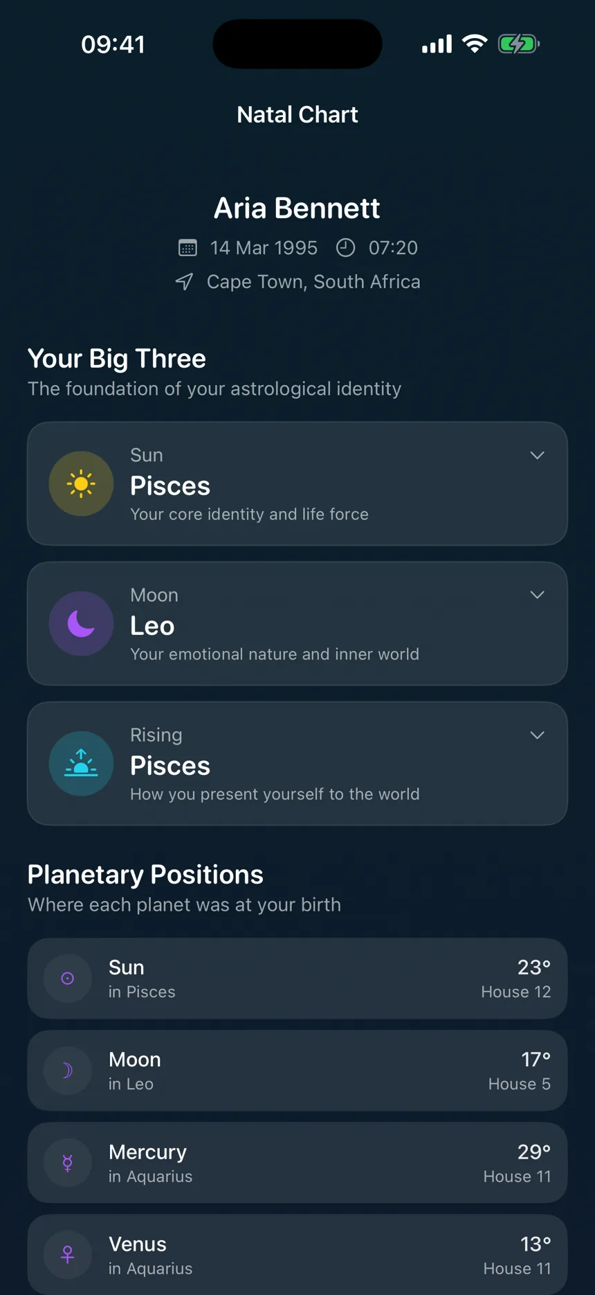 OrbiSage natal chart interface showing a demo profile’s sun, moon, rising sign and planetary positions