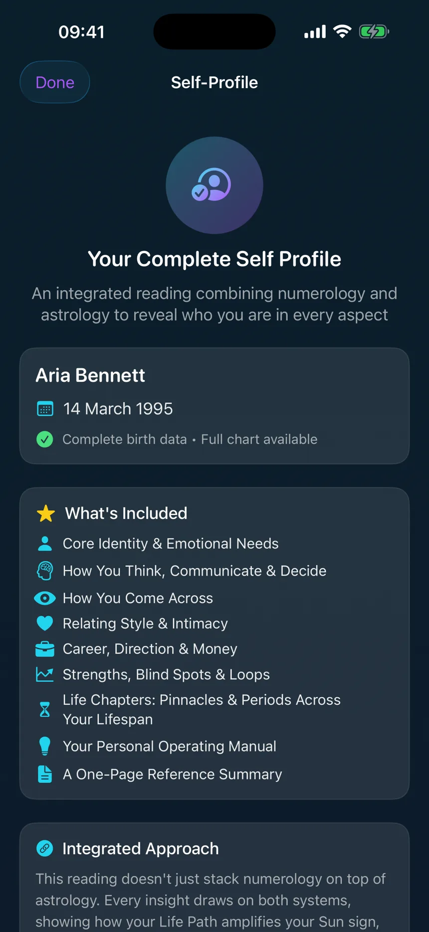 OrbiSage self-profile reading summary for a prepared demo identity