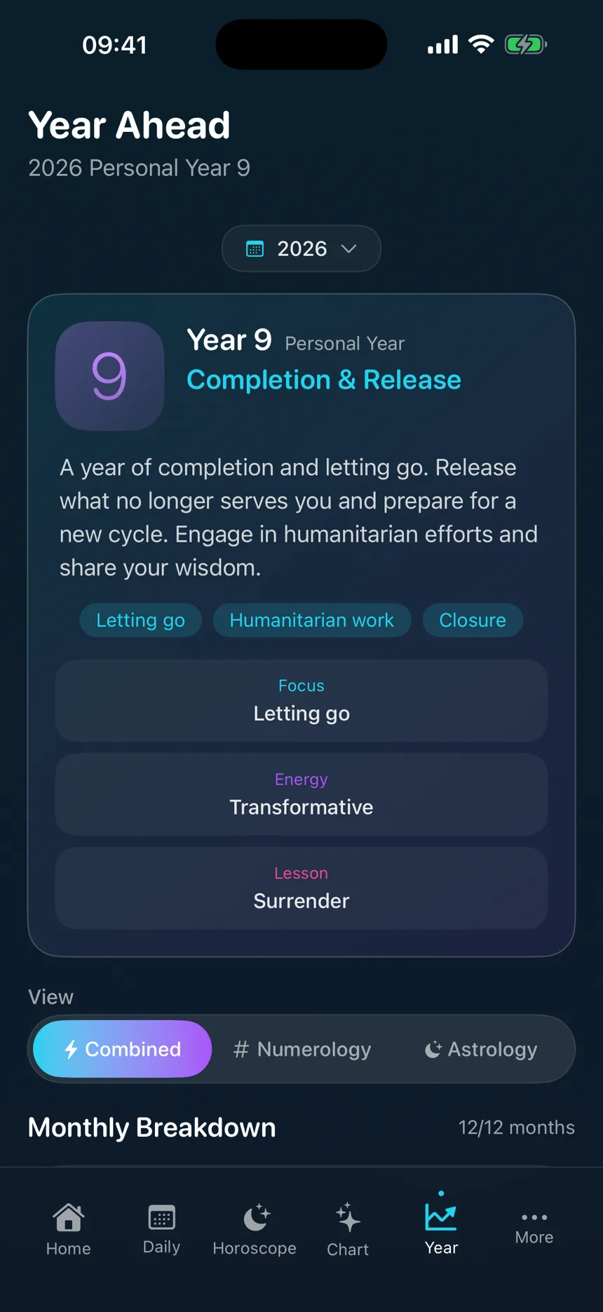 OrbiSage iPhone Year Ahead timeline with numerology and astrology views