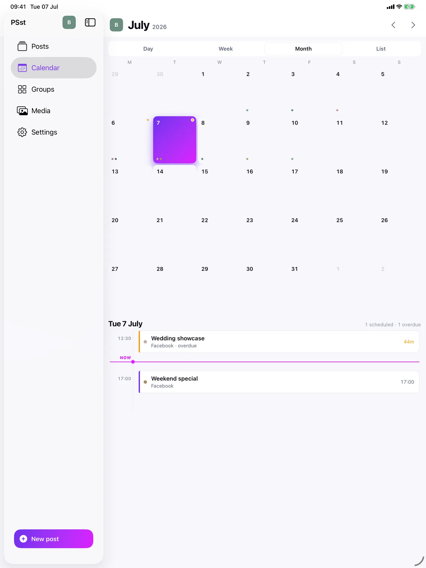 PSsst iPad month calendar with a selected day's posting timeline