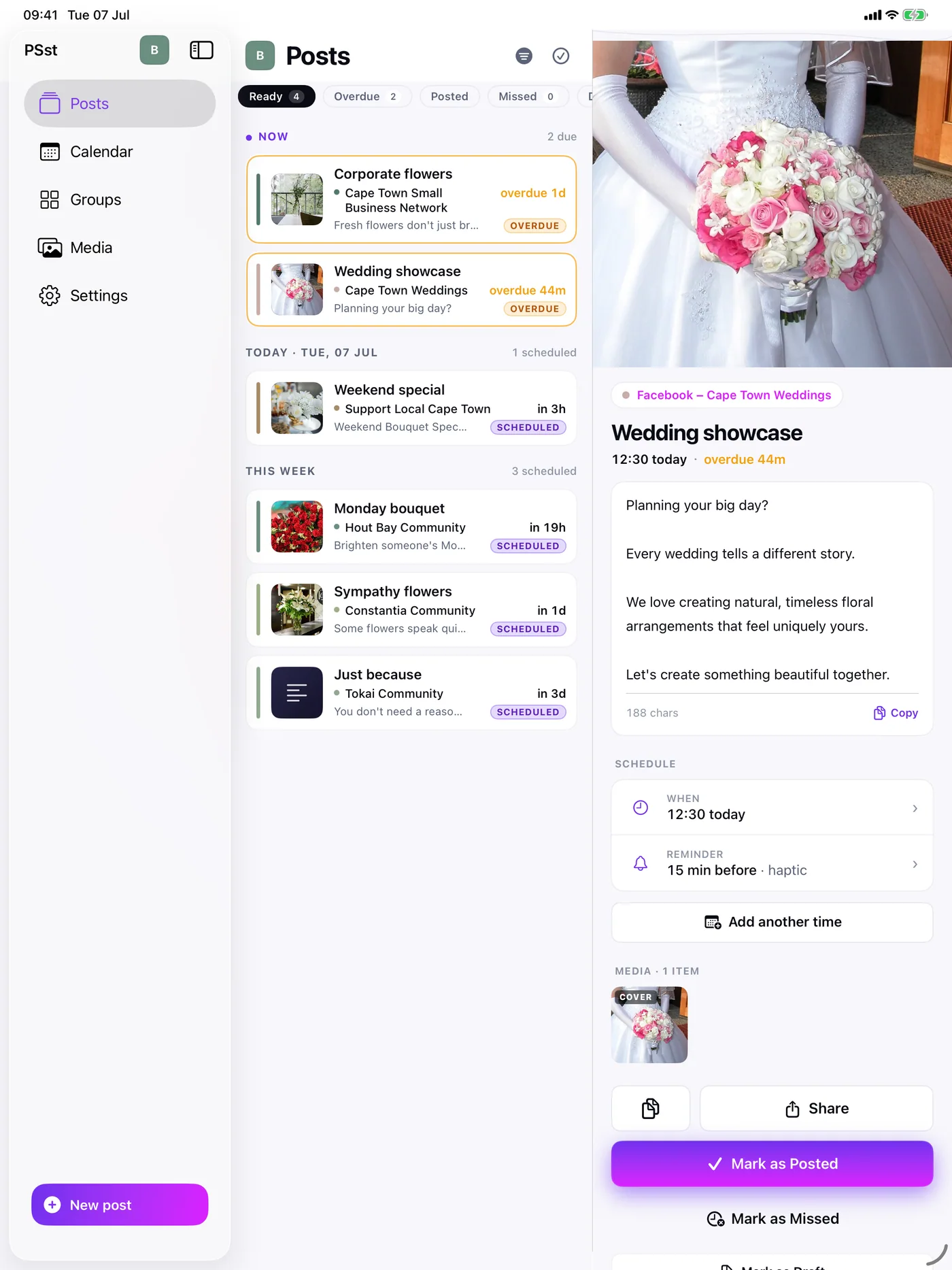 PSsst iPad Posts split view with sidebar, posting queue and selected post detail