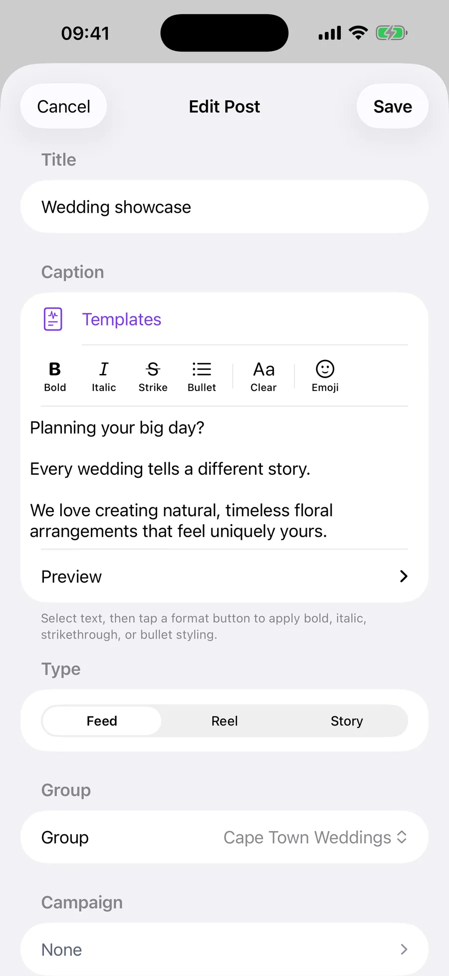 PSsst iPhone post editor with caption formatting, Templates, post type and destination group