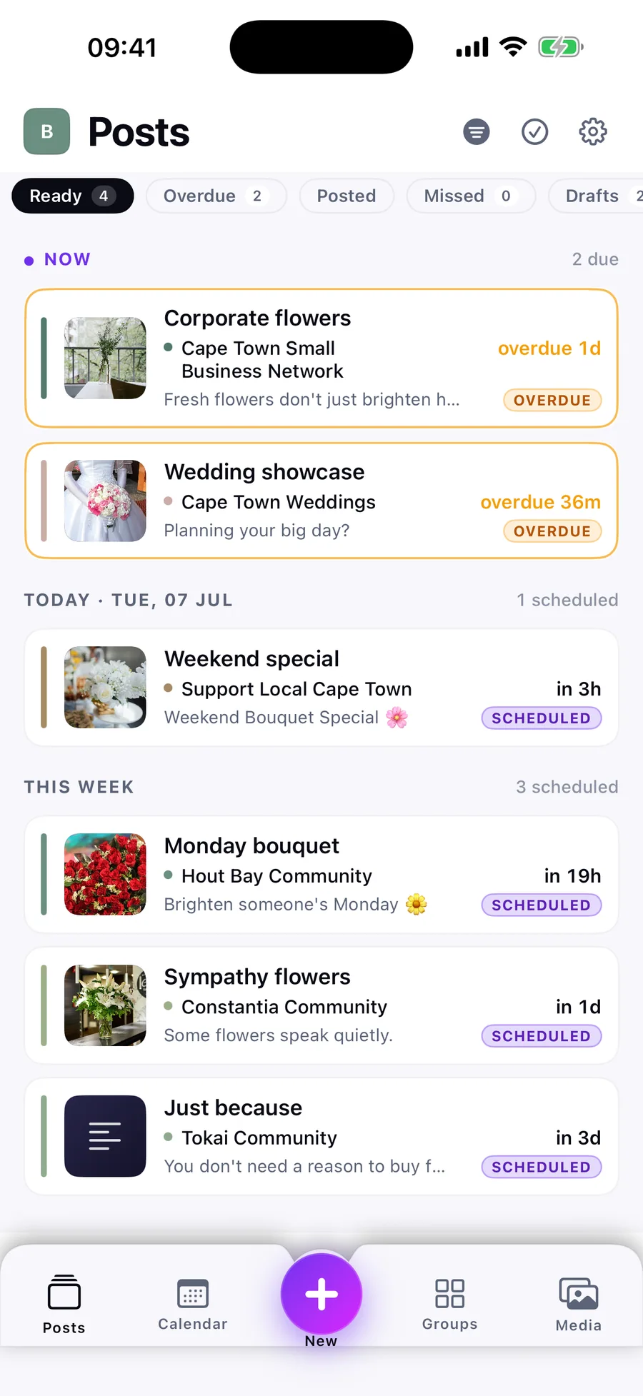 PSsst iPhone Posts screen showing ready, overdue and scheduled social posts