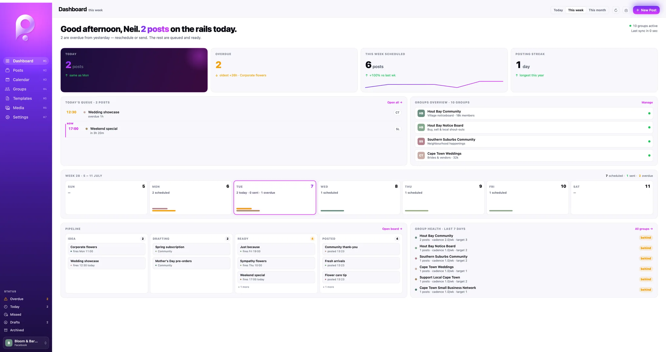 PSsst Mac dashboard showing today's queue, overdue posts, weekly schedule and group activity in a demo workspace