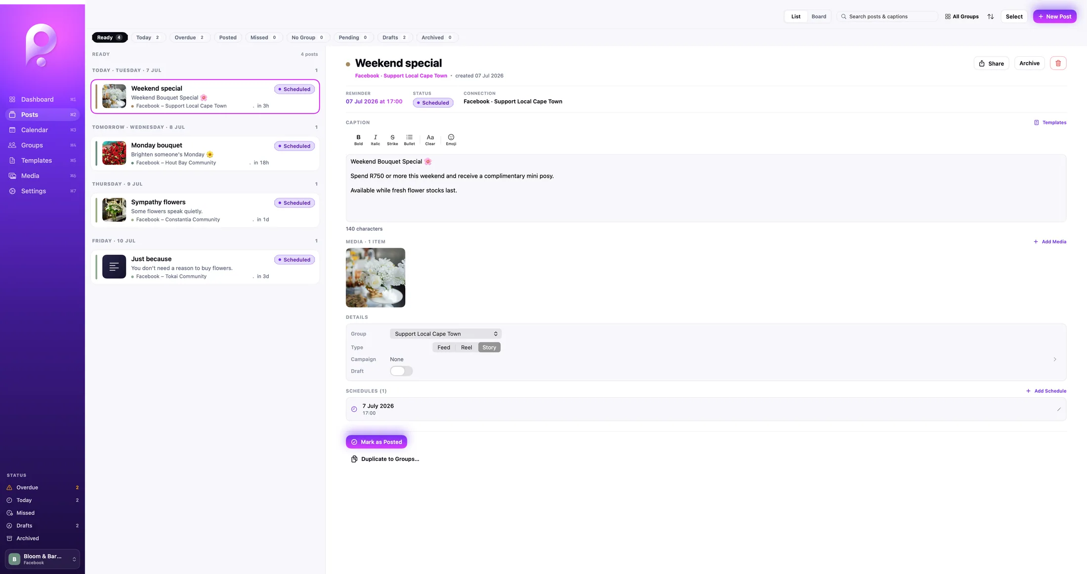 PSsst Mac Posts view with status filters, selected post, caption, media, group and schedule