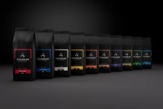 Titanium Coffee packaging range arranged as a coherent product family