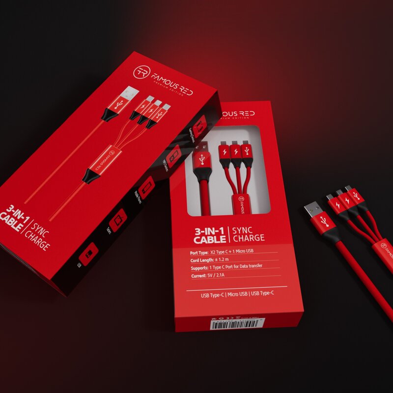 Famous Red 3-in-1 Cable Packaging 3D Render