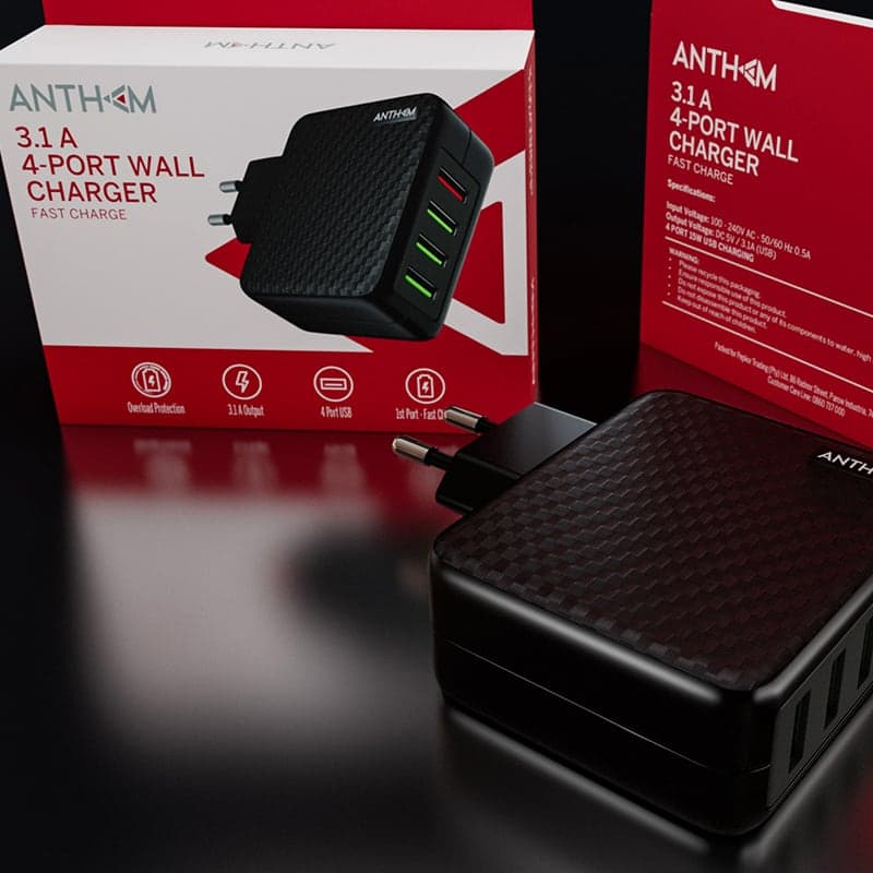 Anthem 4-port USB wall charger packaging – red variant with product render
