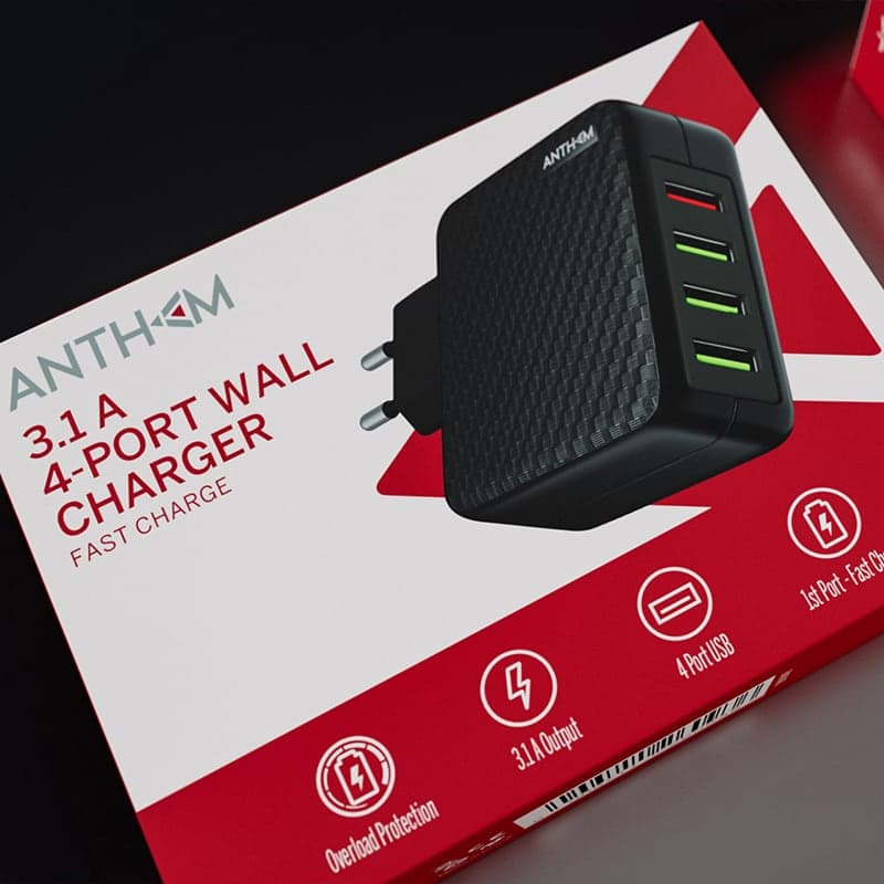 Close-up render of Anthem 4-port charger with clean red packaging