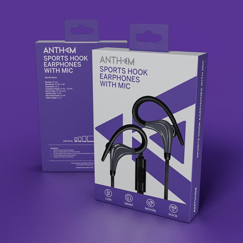 Anthem sports hook earphones packaging – bold purple background