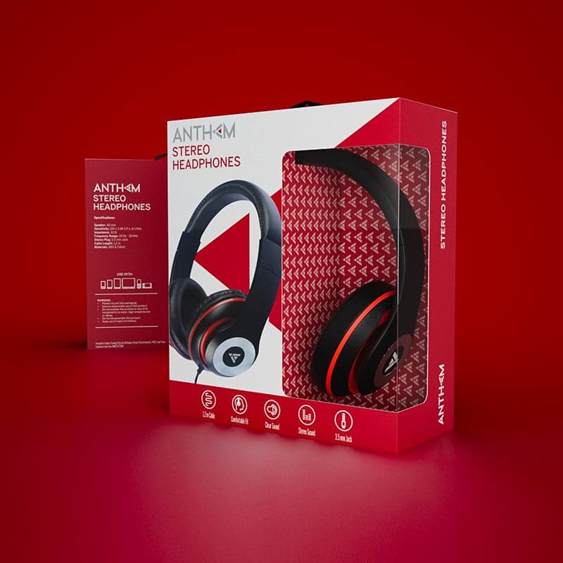 Anthem stereo headphone packaging mockup – black and white variant