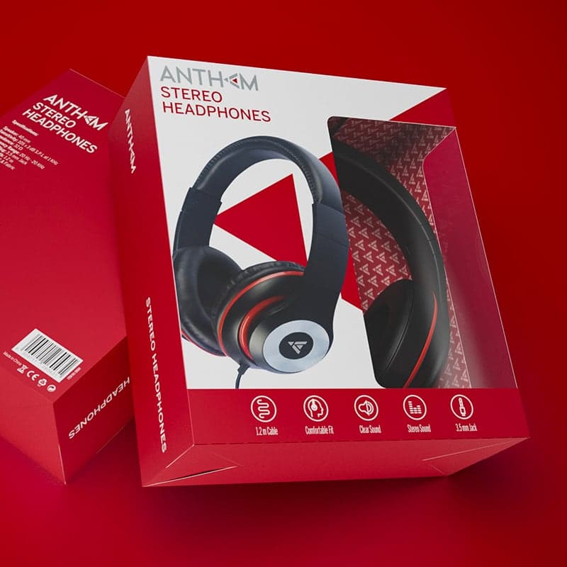 Anthem stereo headphone packaging mockup – alternate layout with flat lay style