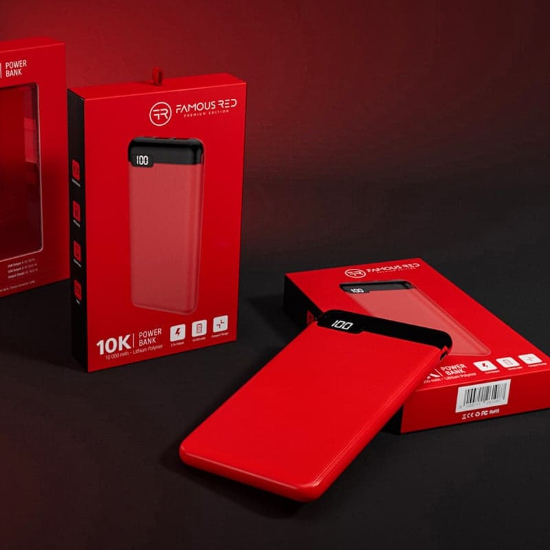 Famous Red 10,000mAh powerbank packaging with bold red brand identity and feature icons