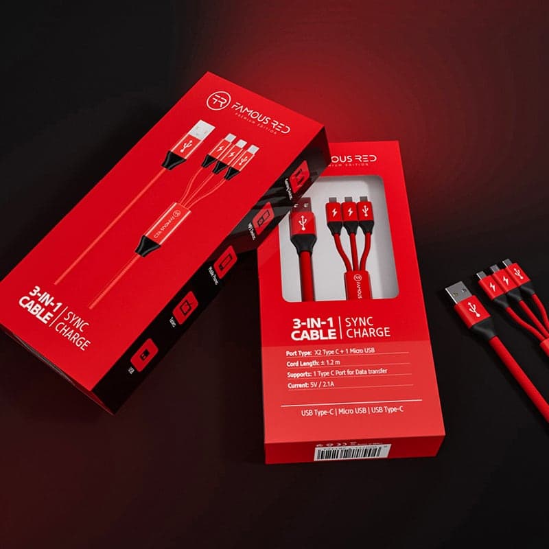 Famous Red 3-in-1 charging cable packaging with connector type icons and brand consistency