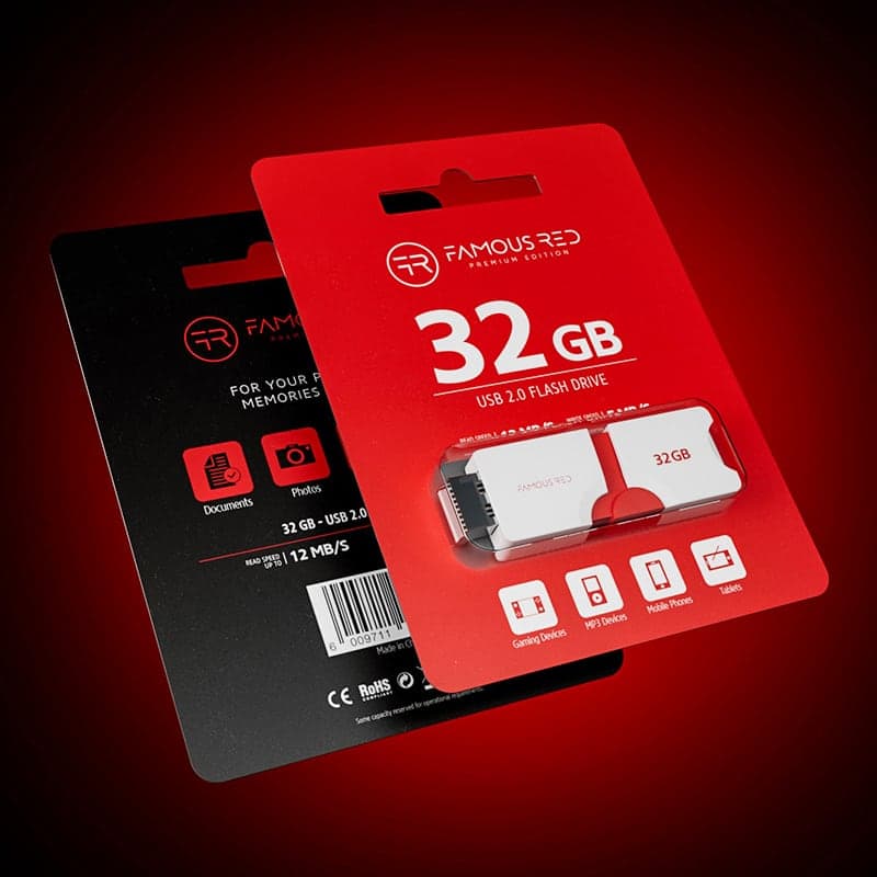 Famous Red 32GB USB flash drive packaging with cohesive brand design across the accessory range