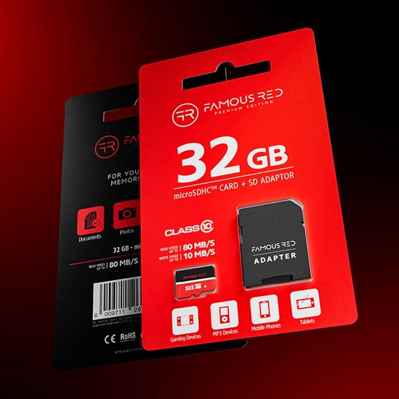 Famous Red 32GB SD memory card packaging with storage capacity and speed class icons