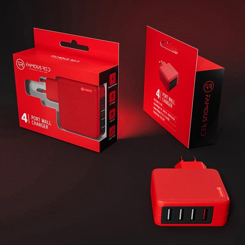 Famous Red 4-port wall charger packaging designed for DUNNS retail display