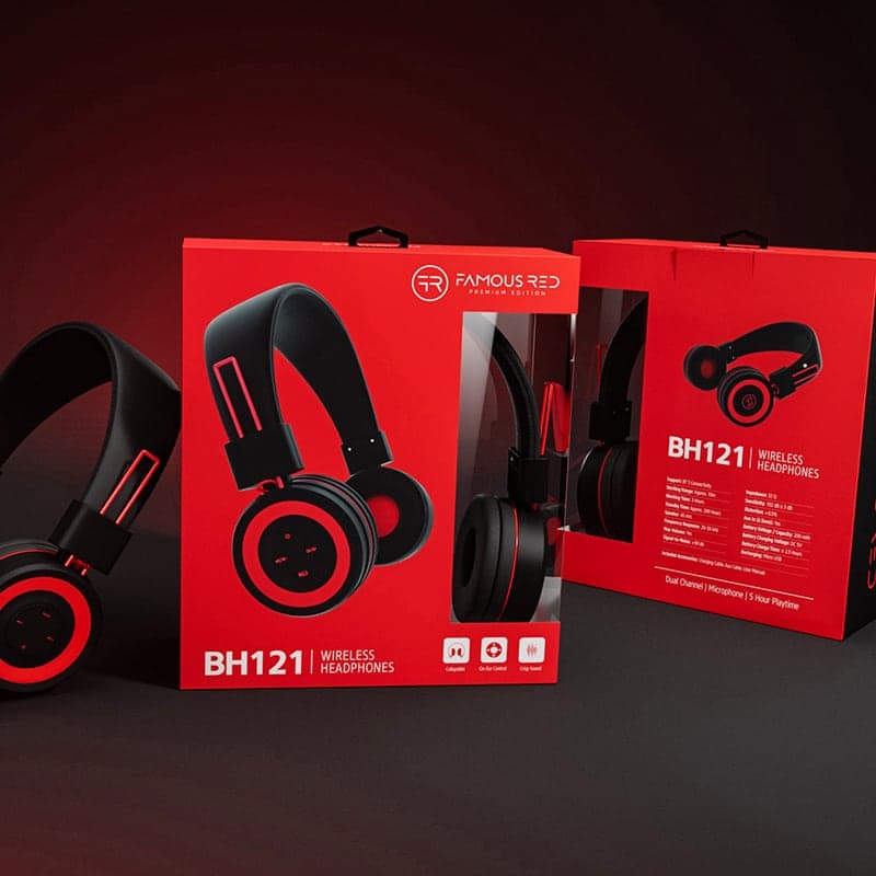 Famous Red wireless headset retail packaging with custom icon system and product specifications