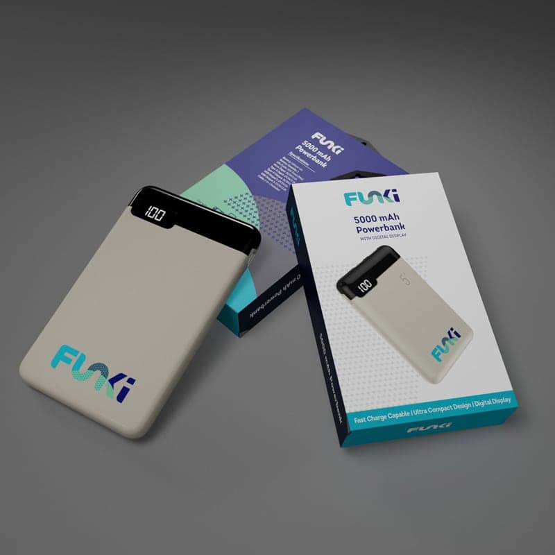 Funki 5K power bank packaging – 3D render showcasing product box design