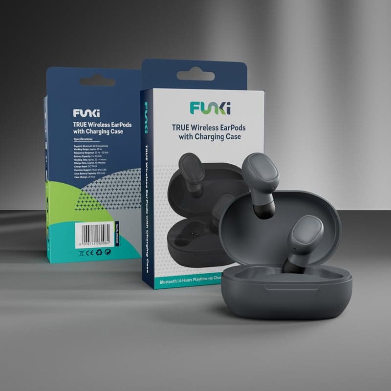 Funki TWS Bluetooth earpods packaging – 3D render showcasing product box design